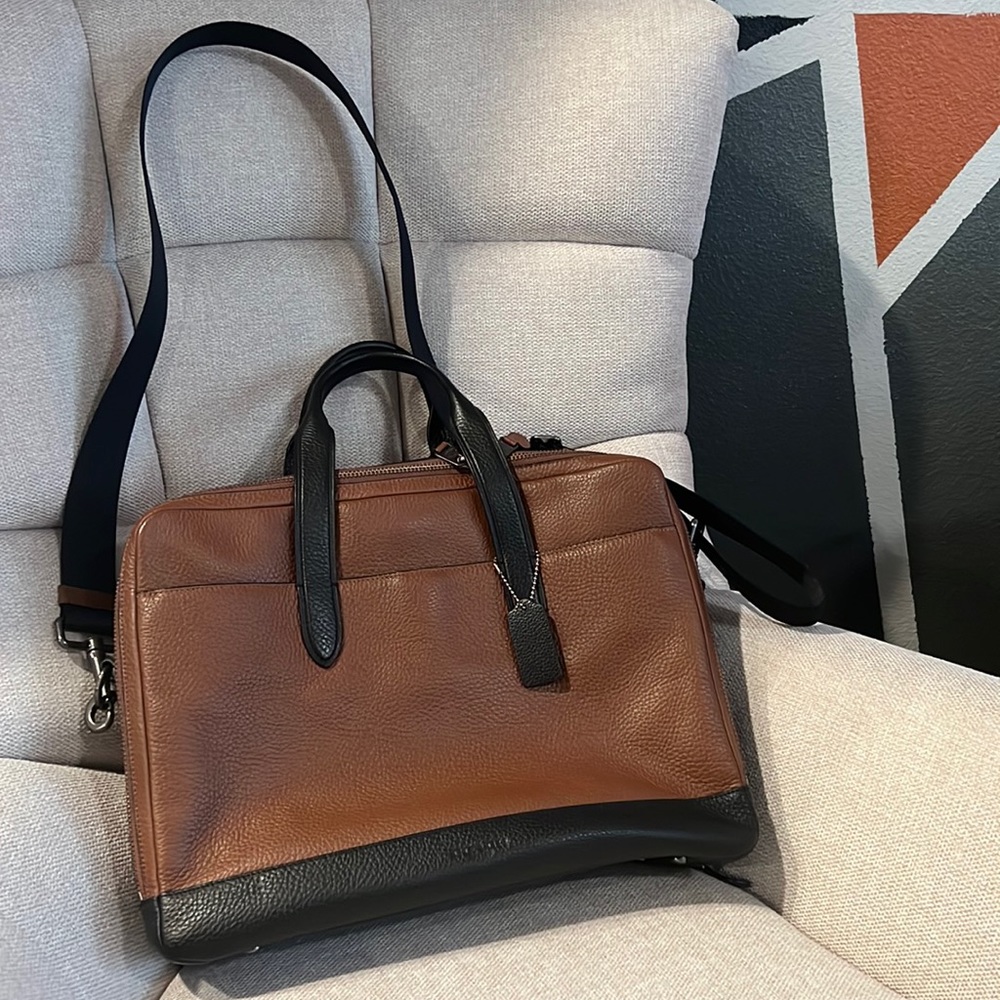 Coach Mens Briefcase Shoulder Bag Brown Black Laptop Case